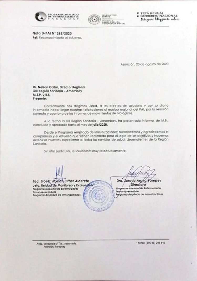 Reciben felicitaciones de parte del Programa Ampliado de Inmunizaciones