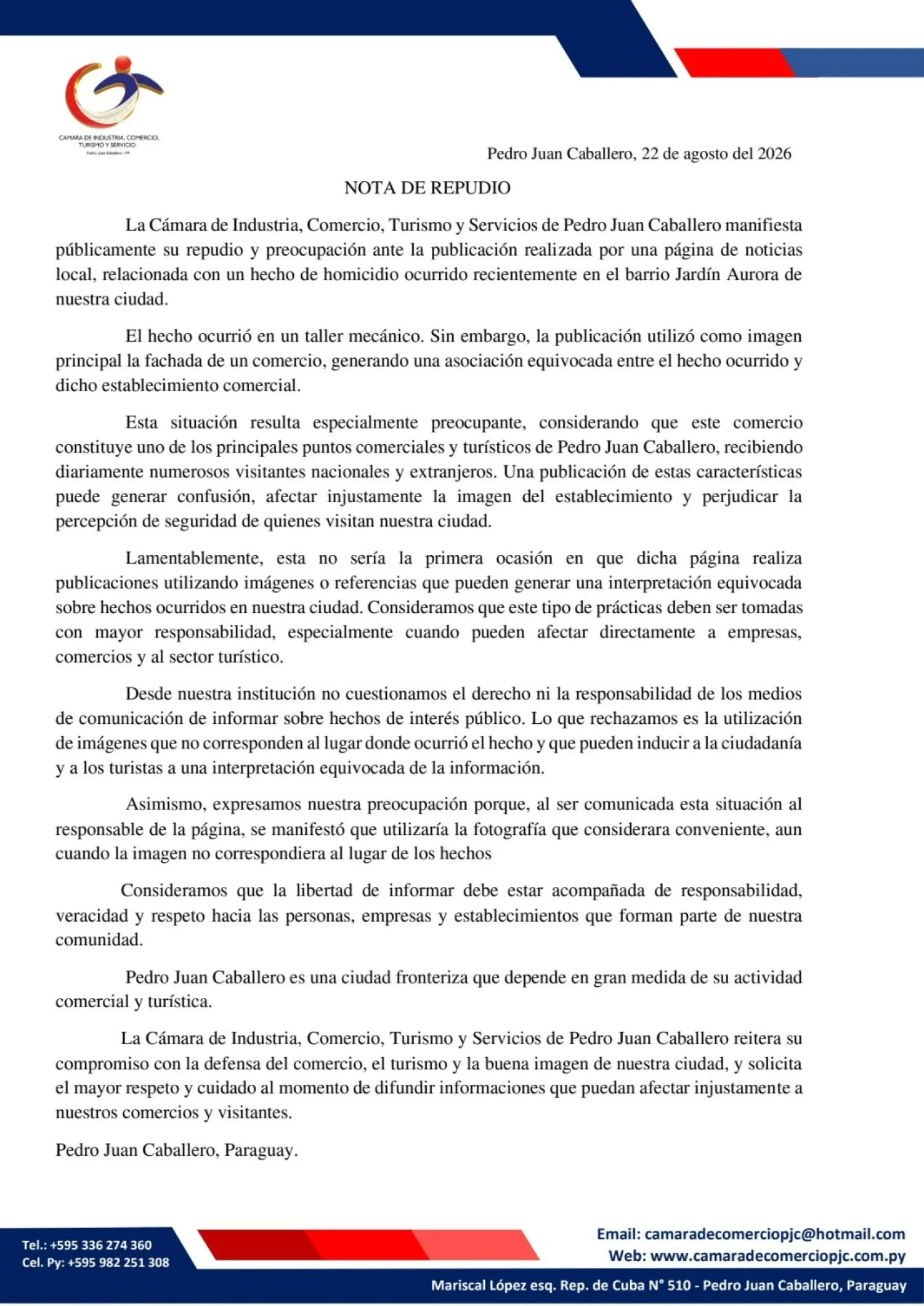 CÁMARA DE COMERCIO EMITE NOTA DE REPUDIO POR PUBLICACIÓN SOBRE HOMICIDIO